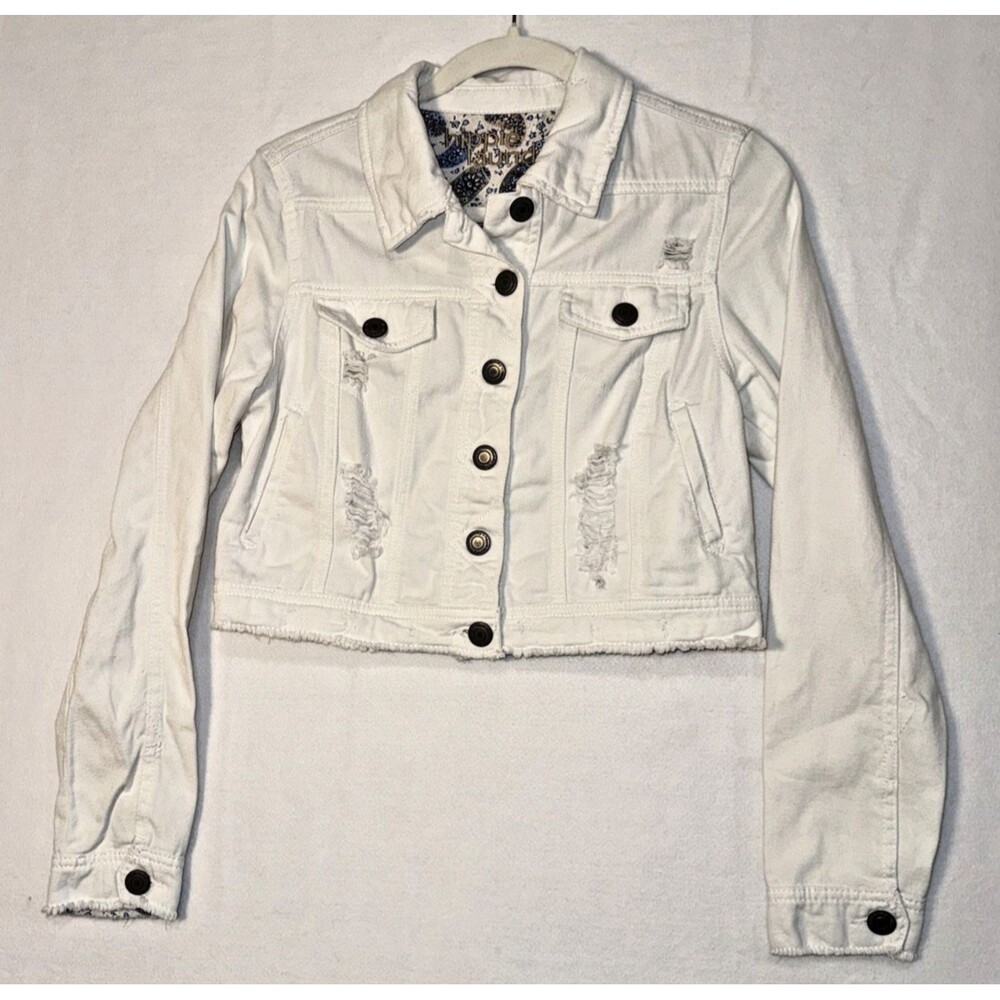 Hippie Laundry Distressed White Cropped Button Jean Jacket Sz M Cotton Frayed